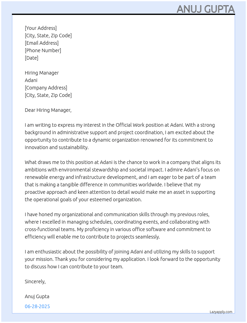 Cover letter for official work - LazyApply