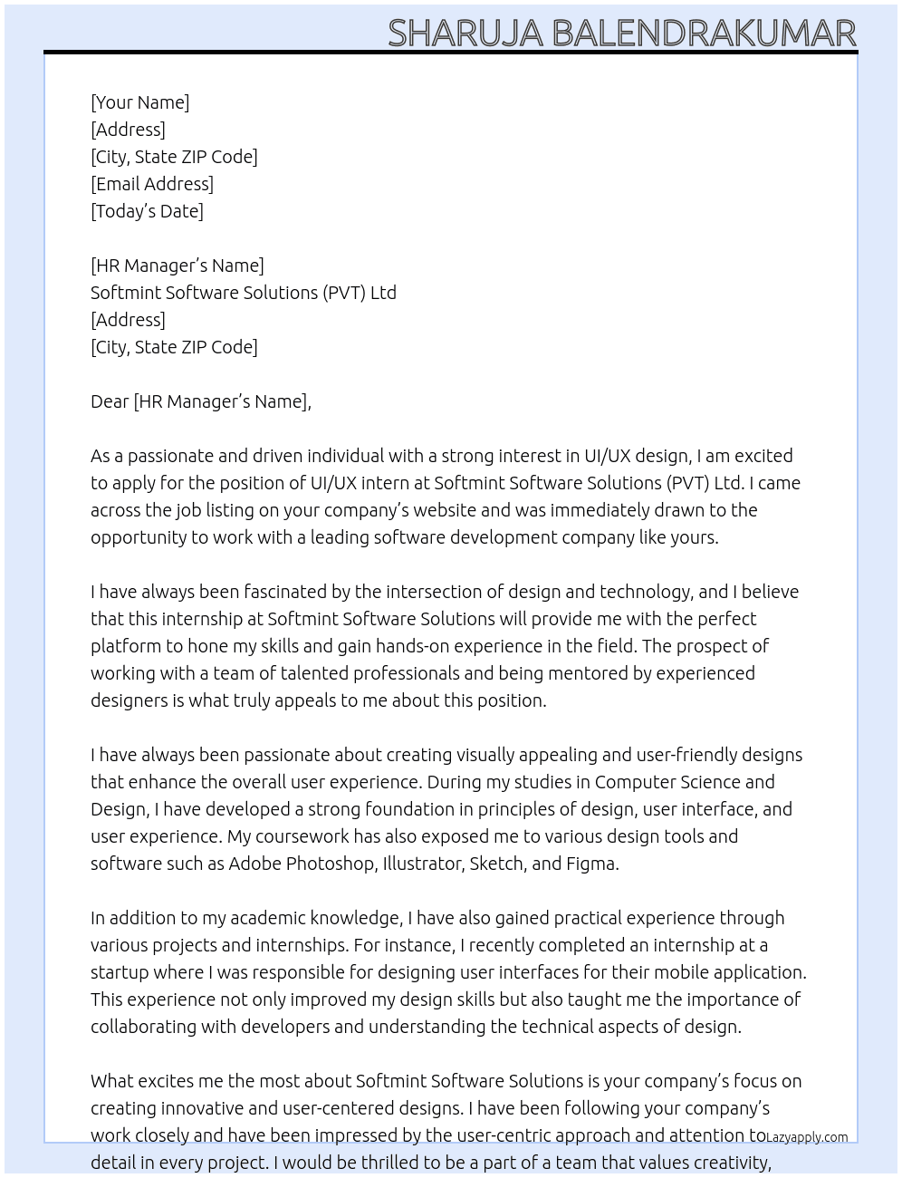UI/UX intern At Softmint Software Solutions (PVT) Ltd Cover Letter