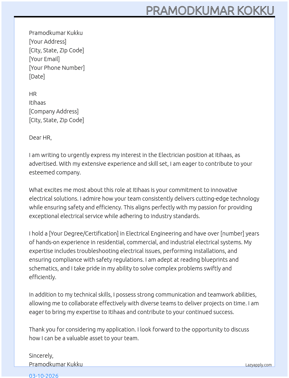 Electrican At itihaas Cover Letter