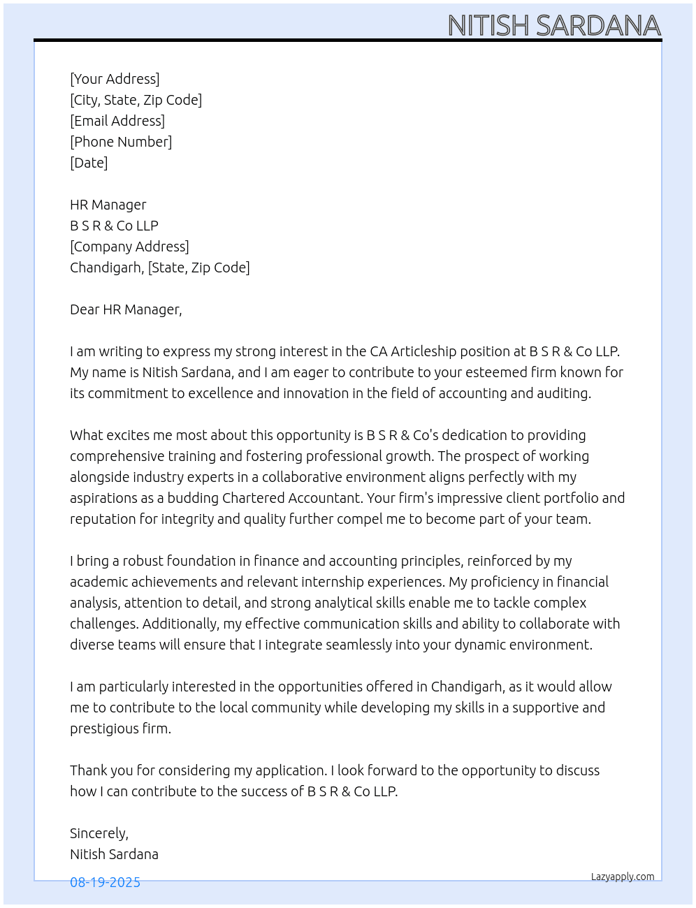 CA ARTICLESHIP At B S R & Co LLP Cover Letter