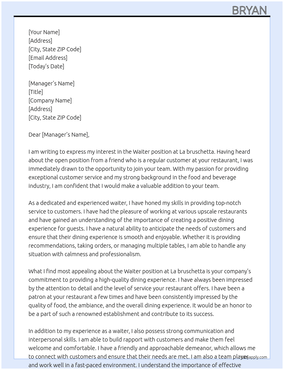 Waiter  At La bruschetta Cover Letter