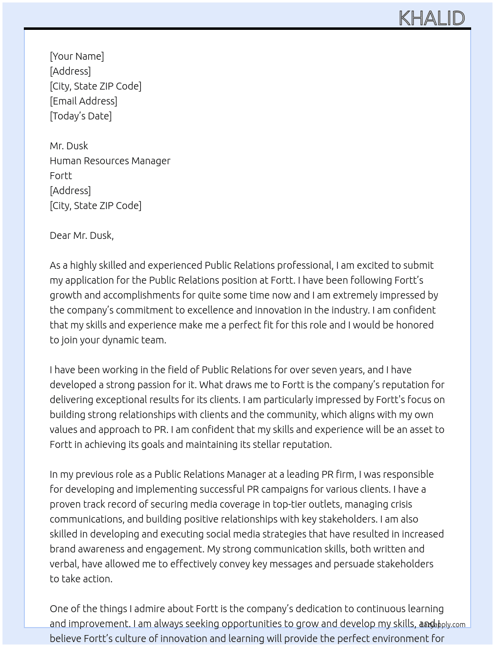 Public relations  At Fortt Cover Letter