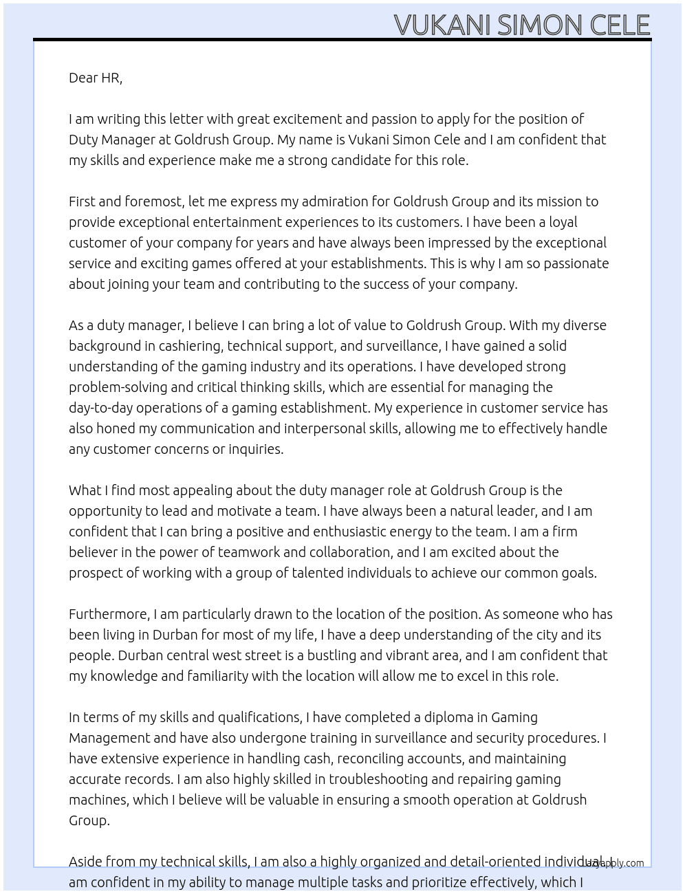 Duty manager  At Goldrush group  Cover Letter