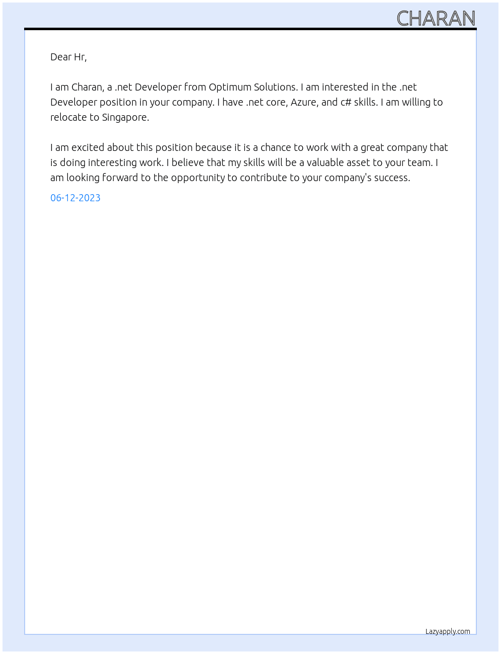 .net Developer At Optimum Solutions Cover Letter