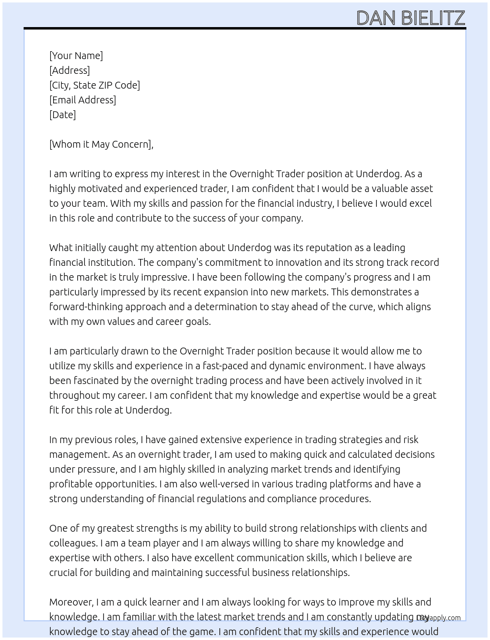 Overnight Trader At Underdog Cover Letter