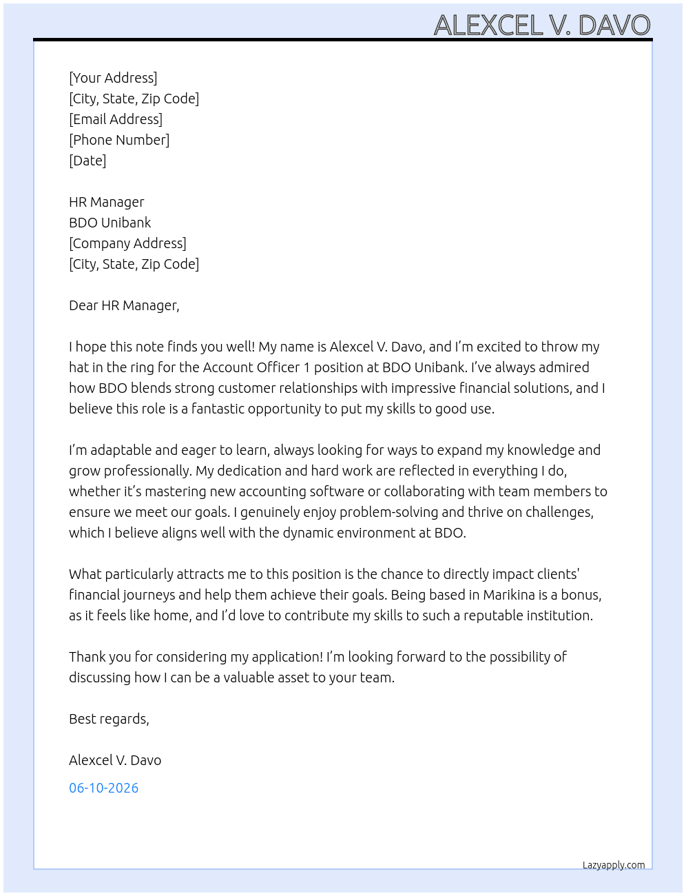 Account Officer 1 At BDO Unibank Cover Letter