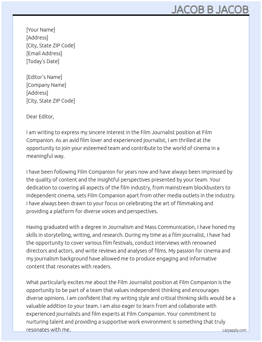 Film journalist  At Film companion Cover Letter