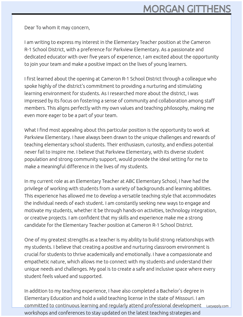 Elementary Teacher At Cameron R-1 School District  Cover Letter