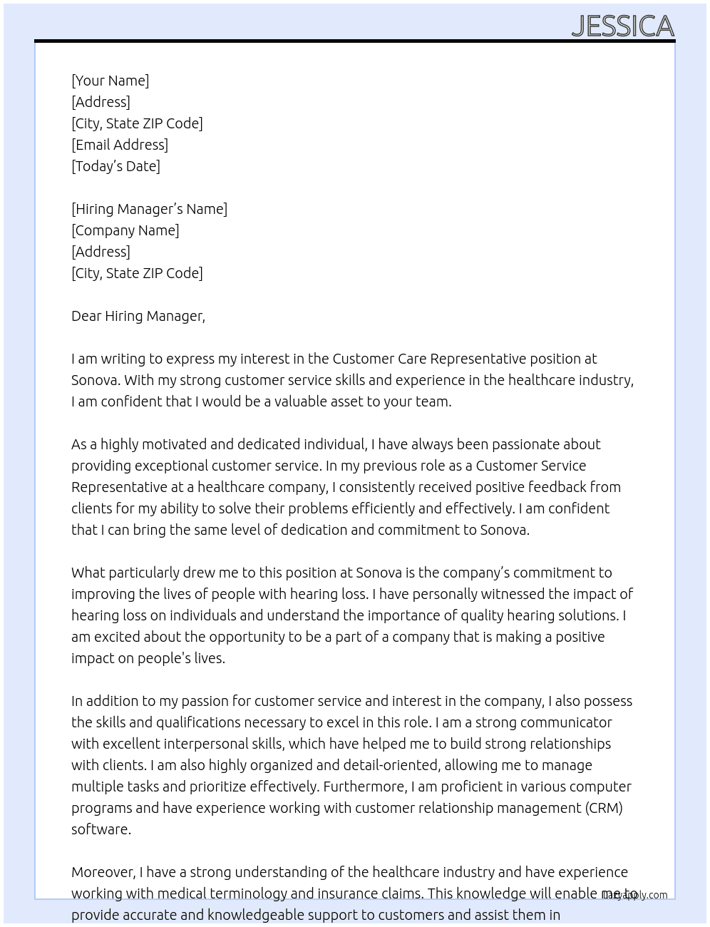 Customer Care Representative At Sonova Cover Letter