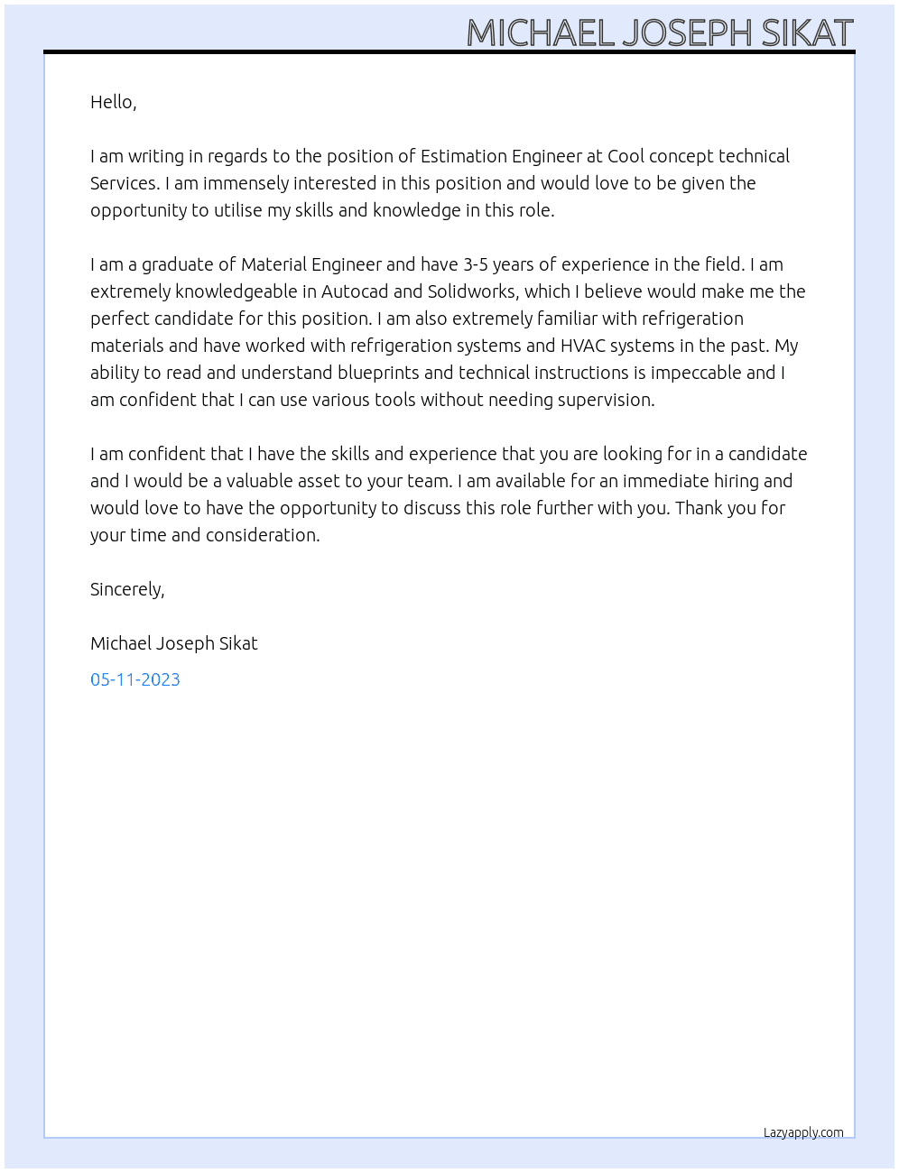 Estimation Engineer At Cool concept technical Services Cover Letter
