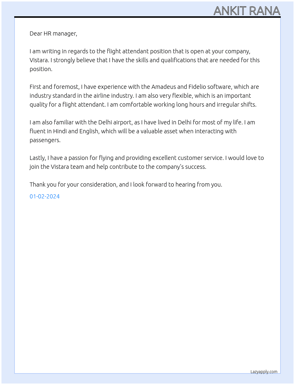 Flight attendant  At Vistara Cover Letter