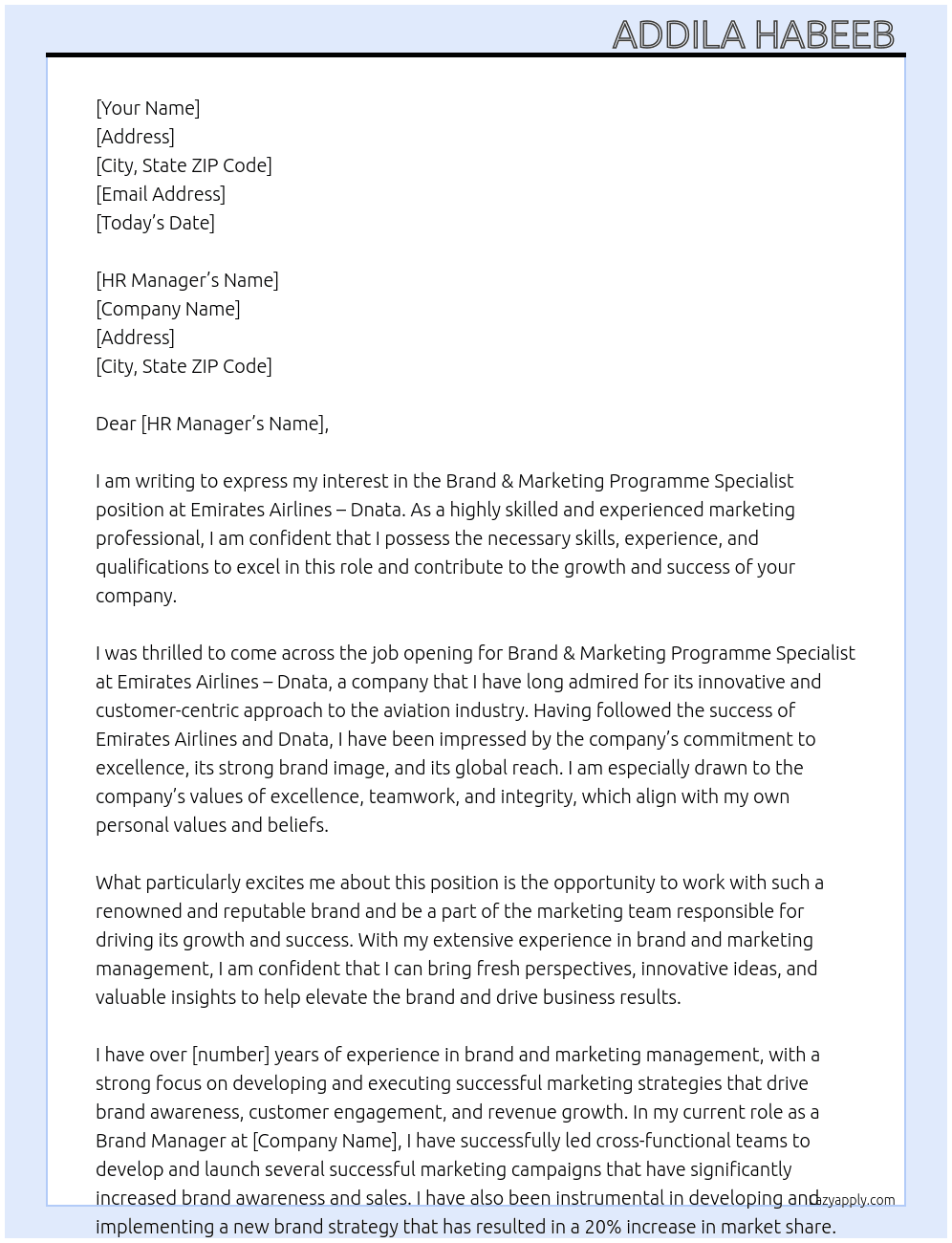 Brand & Marketing Programme Specialist  At Emirates Airlines - Dnata Cover Letter
