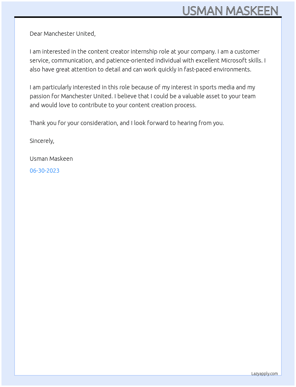 Content creator  At Manchester United Cover Letter