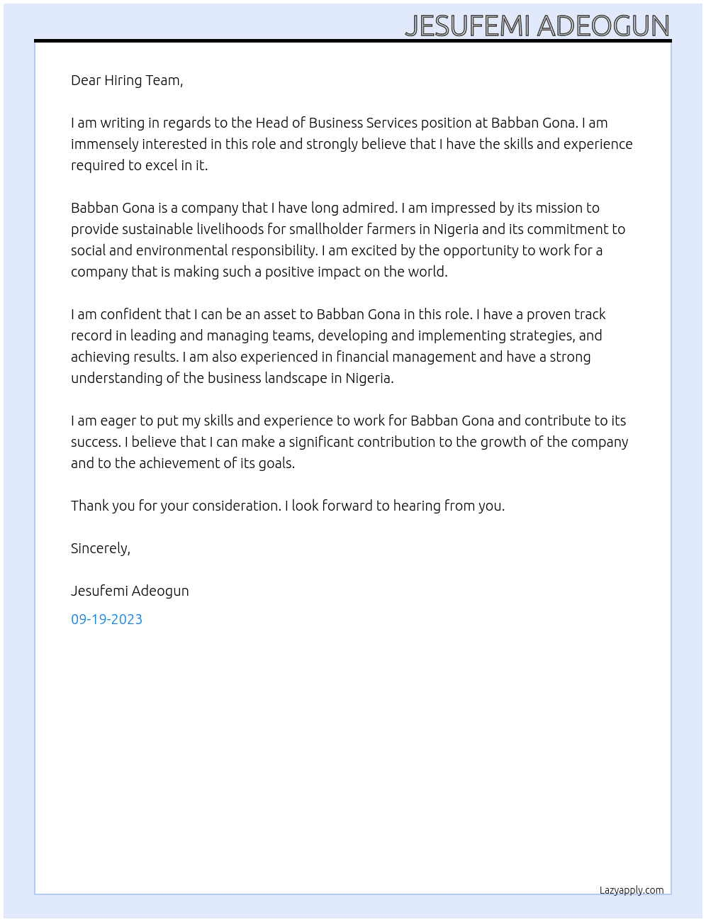 Head of Business Services At Babban Gona Cover Letter