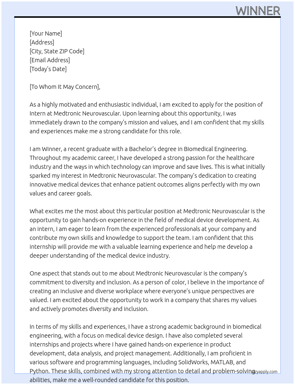 Intern At Medtronic Neurovascular Cover Letter