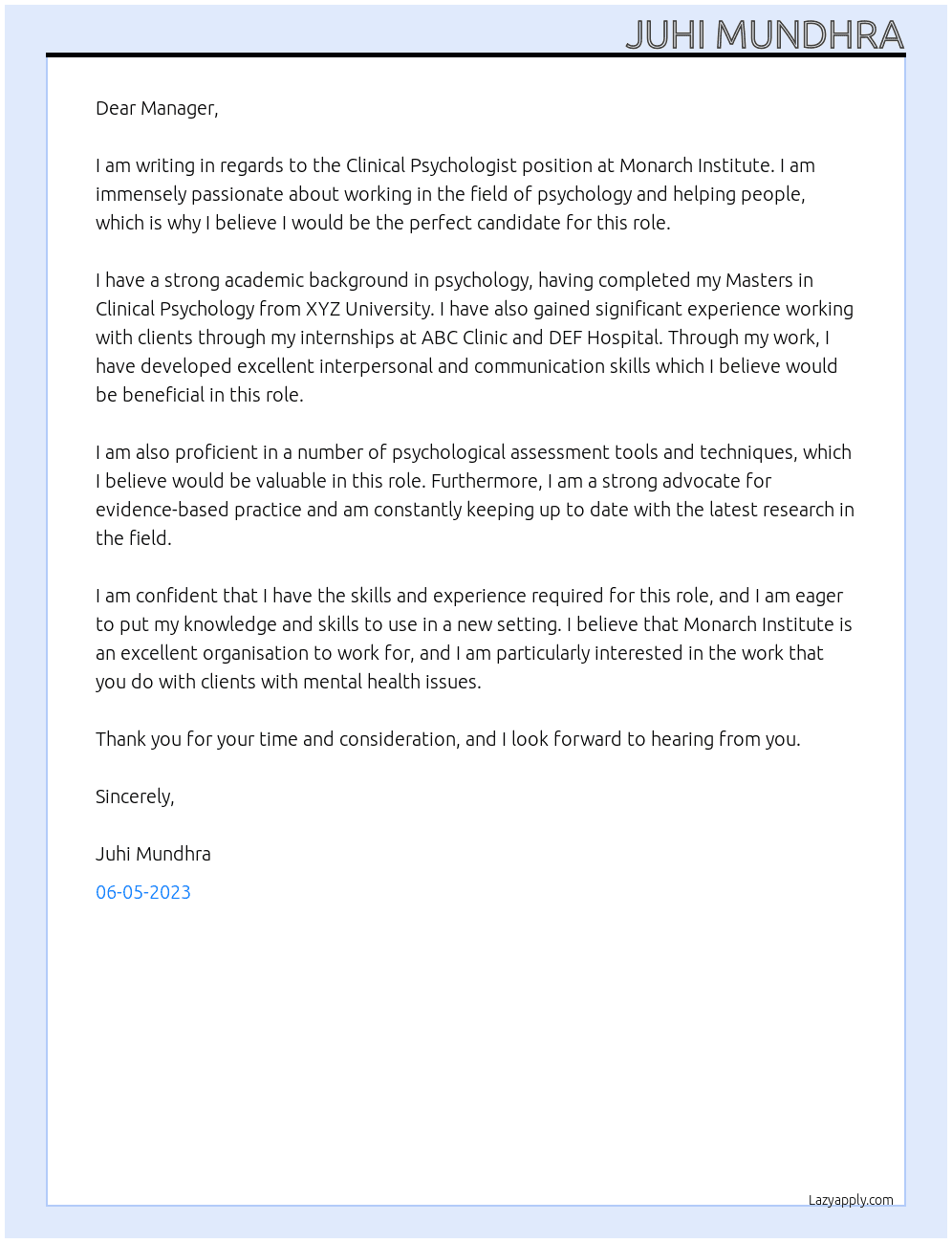 Clinical Psychologist At Monarch Institute Cover Letter