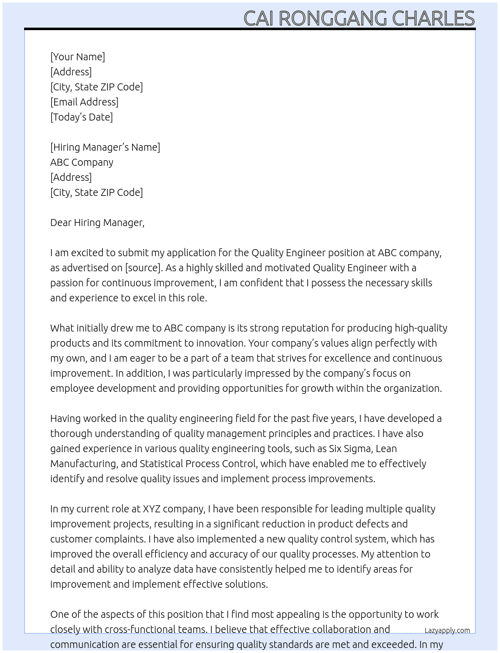 Quality Engineer At ABC Cover Letter