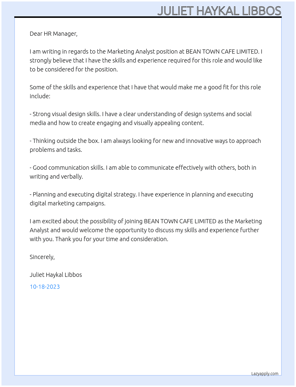 Marketing Analyst At BEAN TOWN CAFE LIMITED Cover Letter