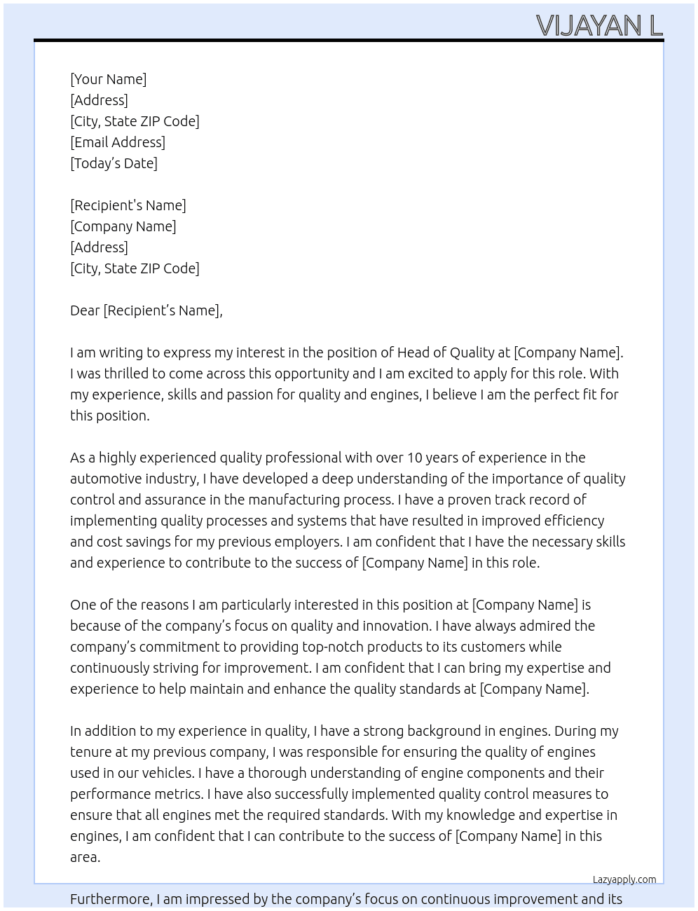 head of quality At xxxxx Cover Letter
