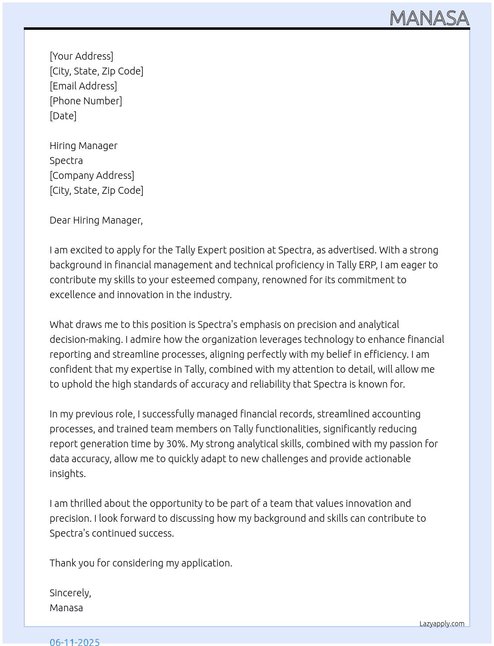 tally exp At spectra Cover Letter