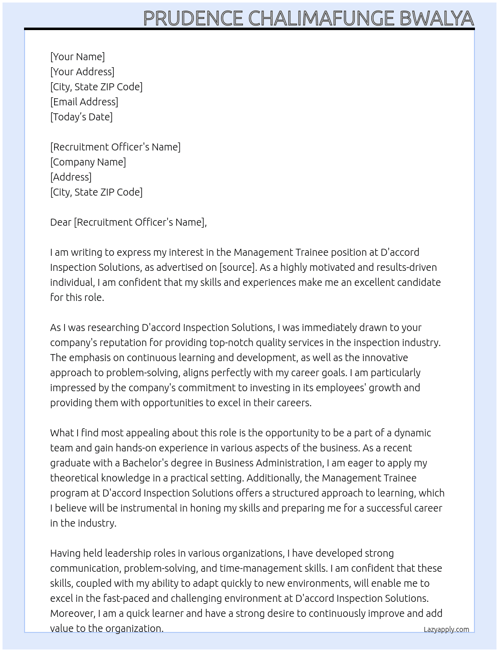 Management Trainee At D'accord Inspection Solutions Cover Letter