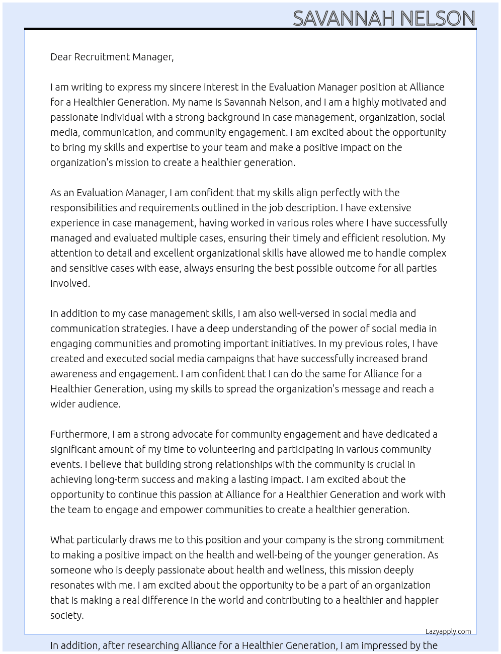 Evaluation Manager At Alliance for a Healthier Generation Cover Letter