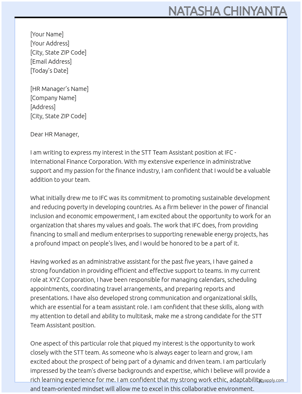 STT Team Assistant At IFC - International Finance Corporation Cover Letter
