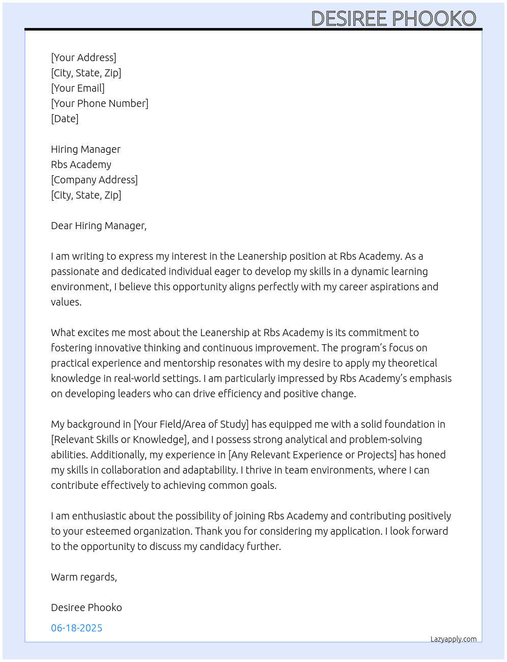 Leanership  At Rbs academy  Cover Letter