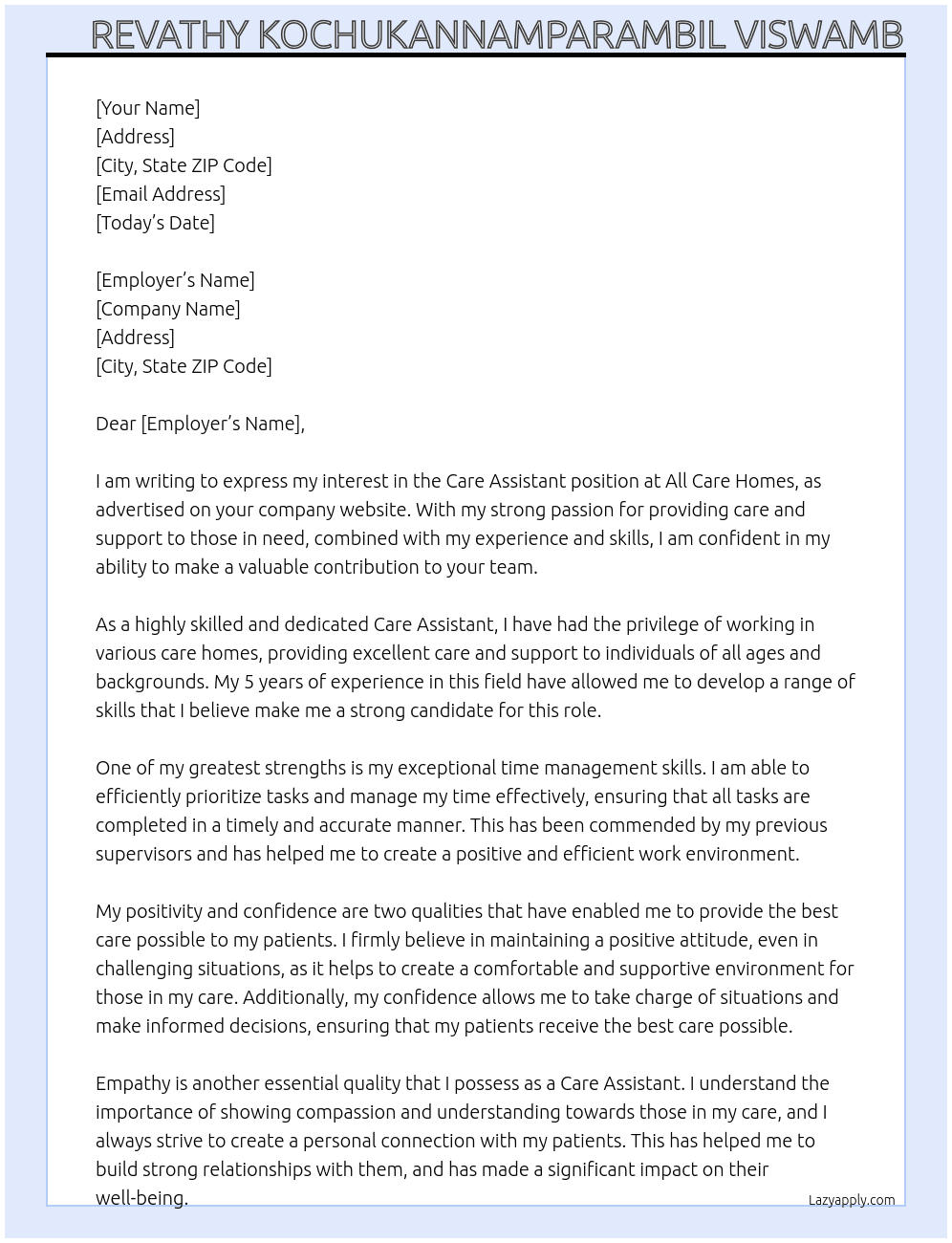 Care assistant  At All care homes Cover Letter