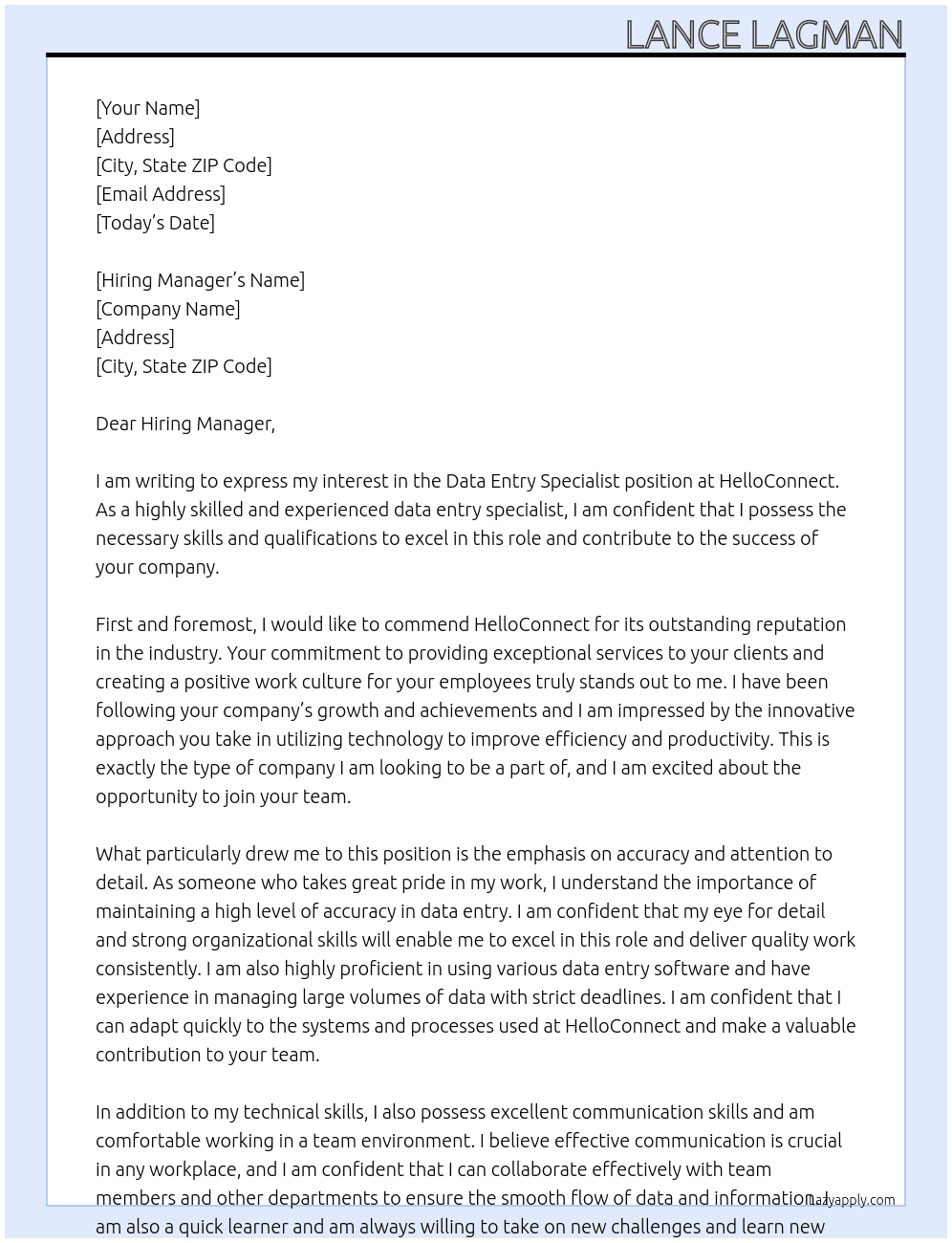 Data Entry Specialist At HelloConnect Cover Letter