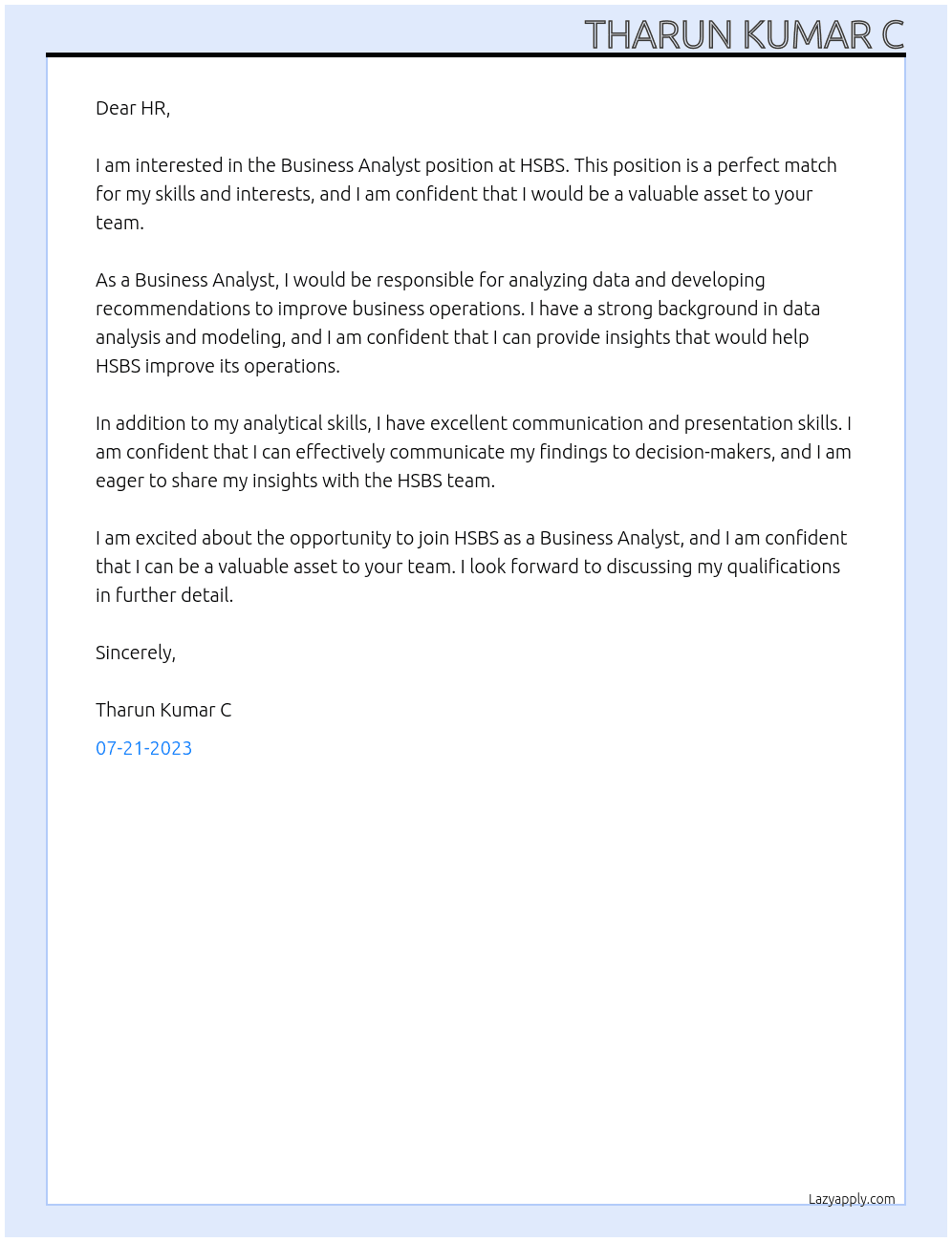 business analyst At HSBS Cover Letter
