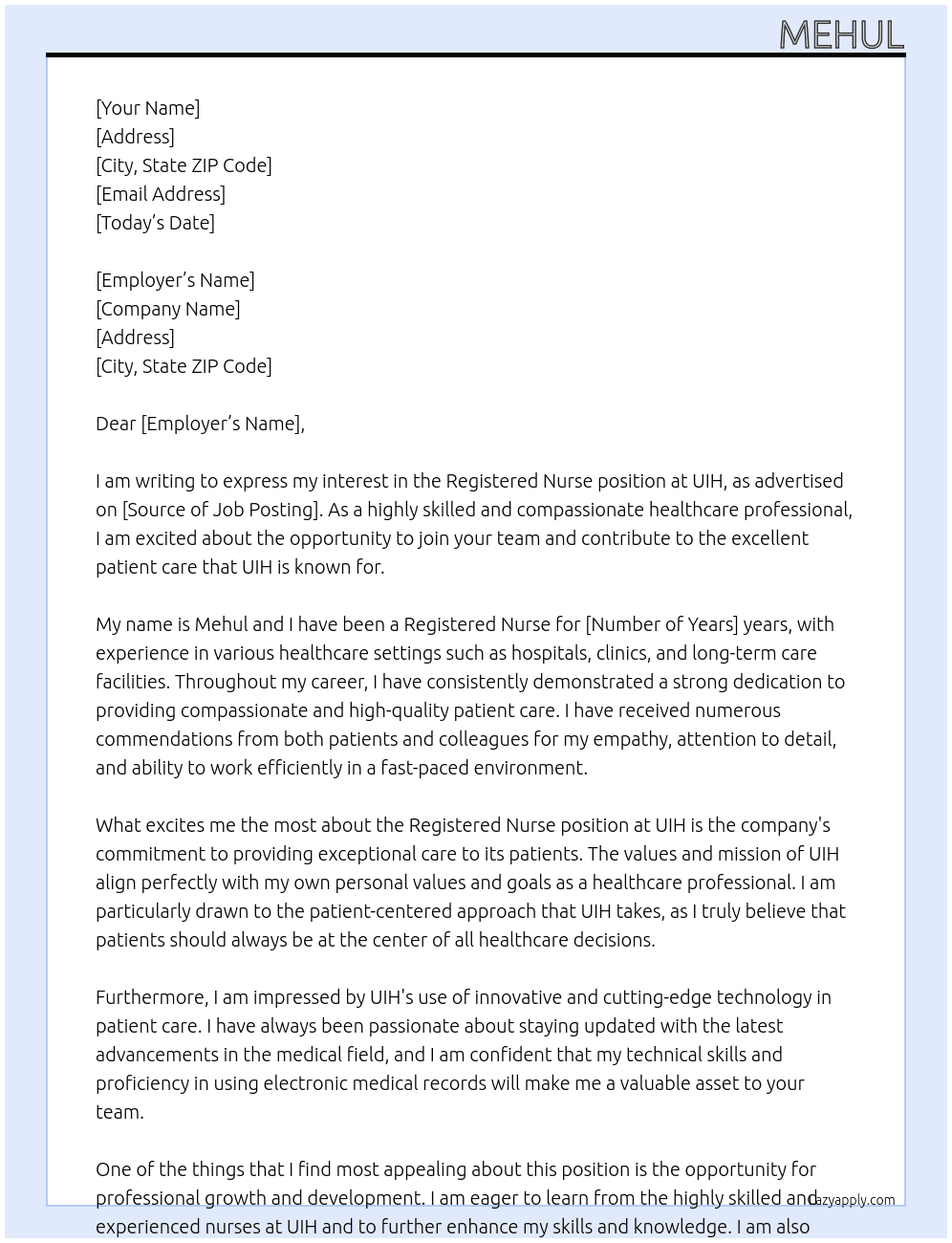 Registered Nurse At UIH Cover Letter