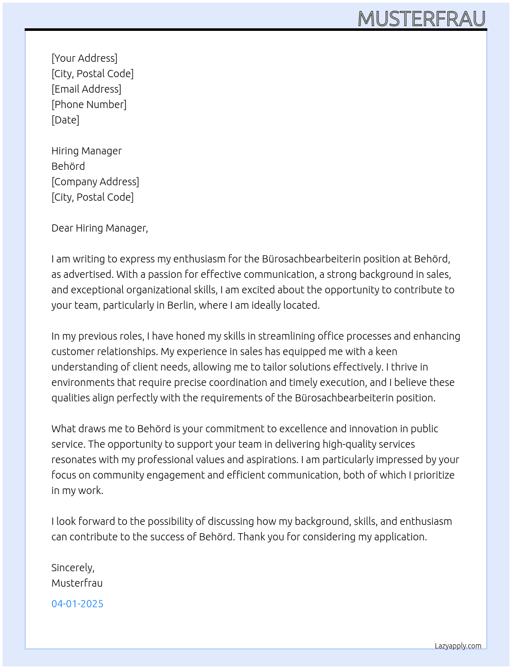 Bürosachbearbeiterin  At Behörd Cover Letter