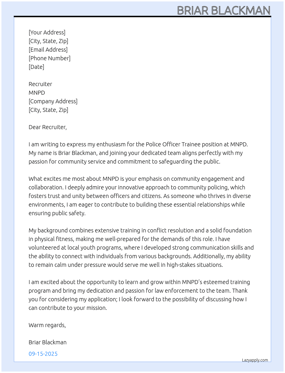 Police Officer Trainee At MNPD Cover Letter