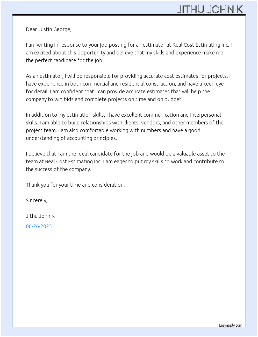 Estimator At REAL COST ESTIMATING INC Cover Letter
