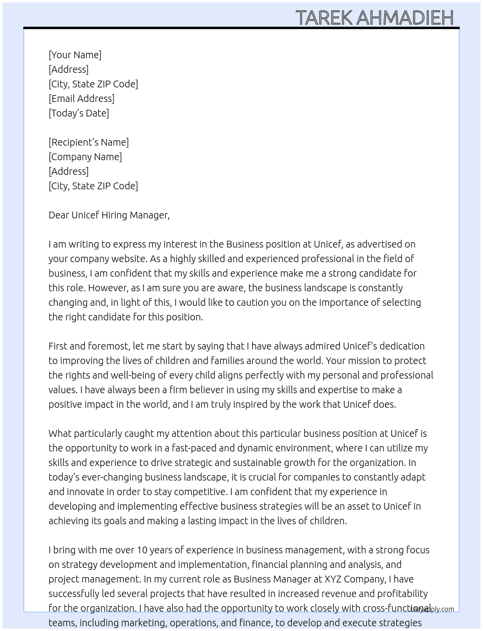 Business At Unicef Cover Letter