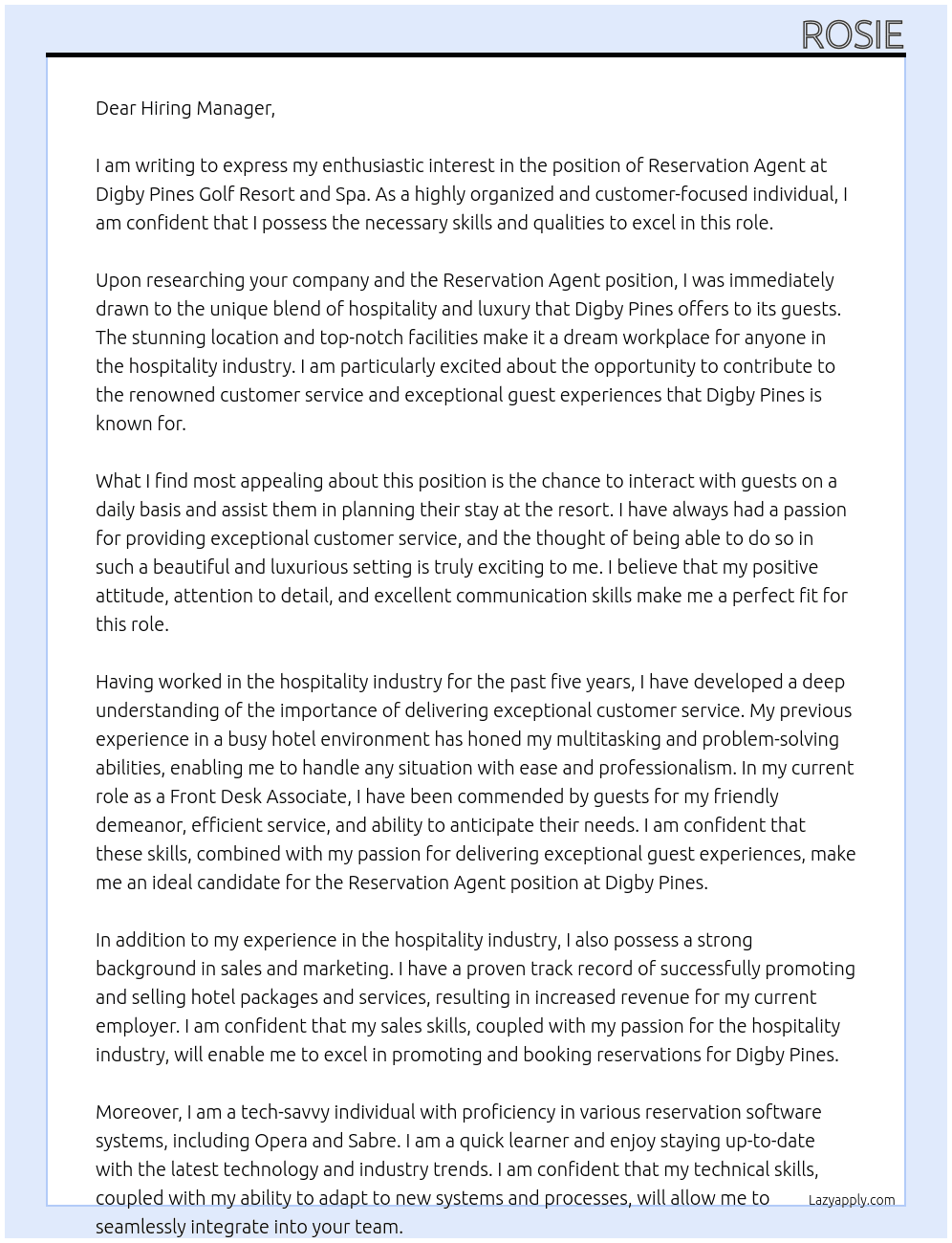 Reservation Agent At Digby Pines Golf Resort and Spa  Cover Letter