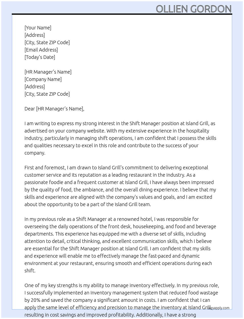 Shift Manager At Island Grill Cover Letter