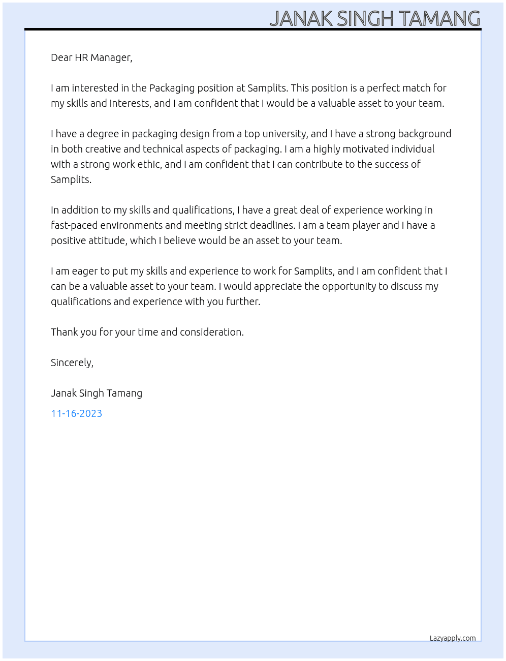 Packaging At Samplits Cover Letter