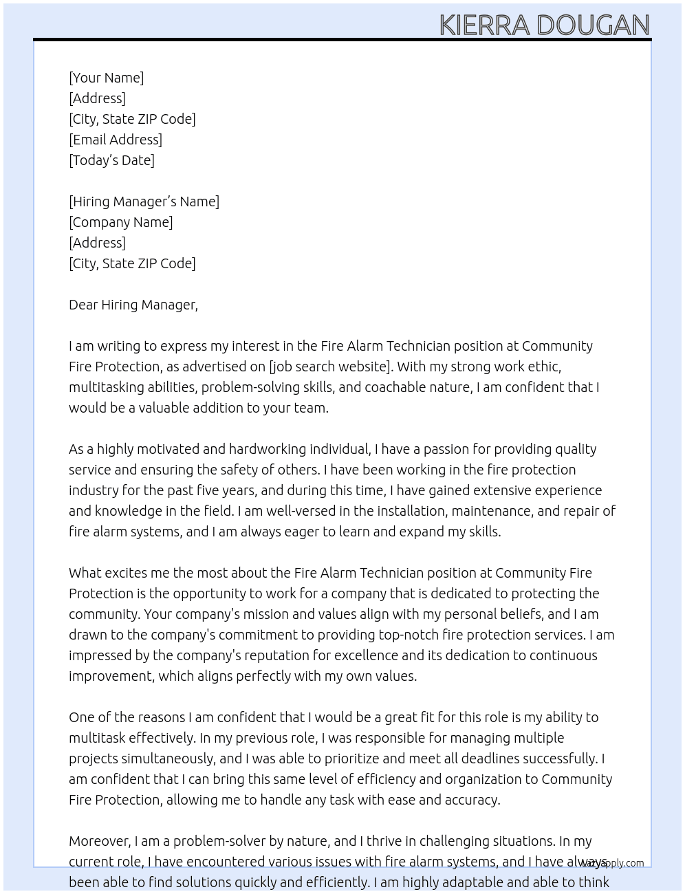 Fire alarm Technician At Community Fire Protection Cover Letter