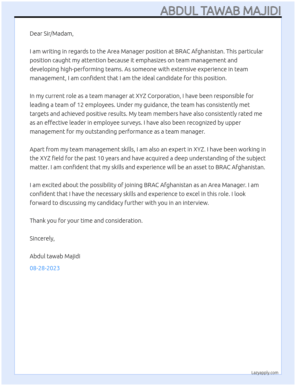 Area Manager At BRAC Afghanistan Cover Letter