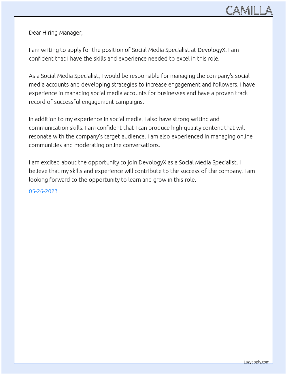 social media specialist At DevologyX Cover Letter
