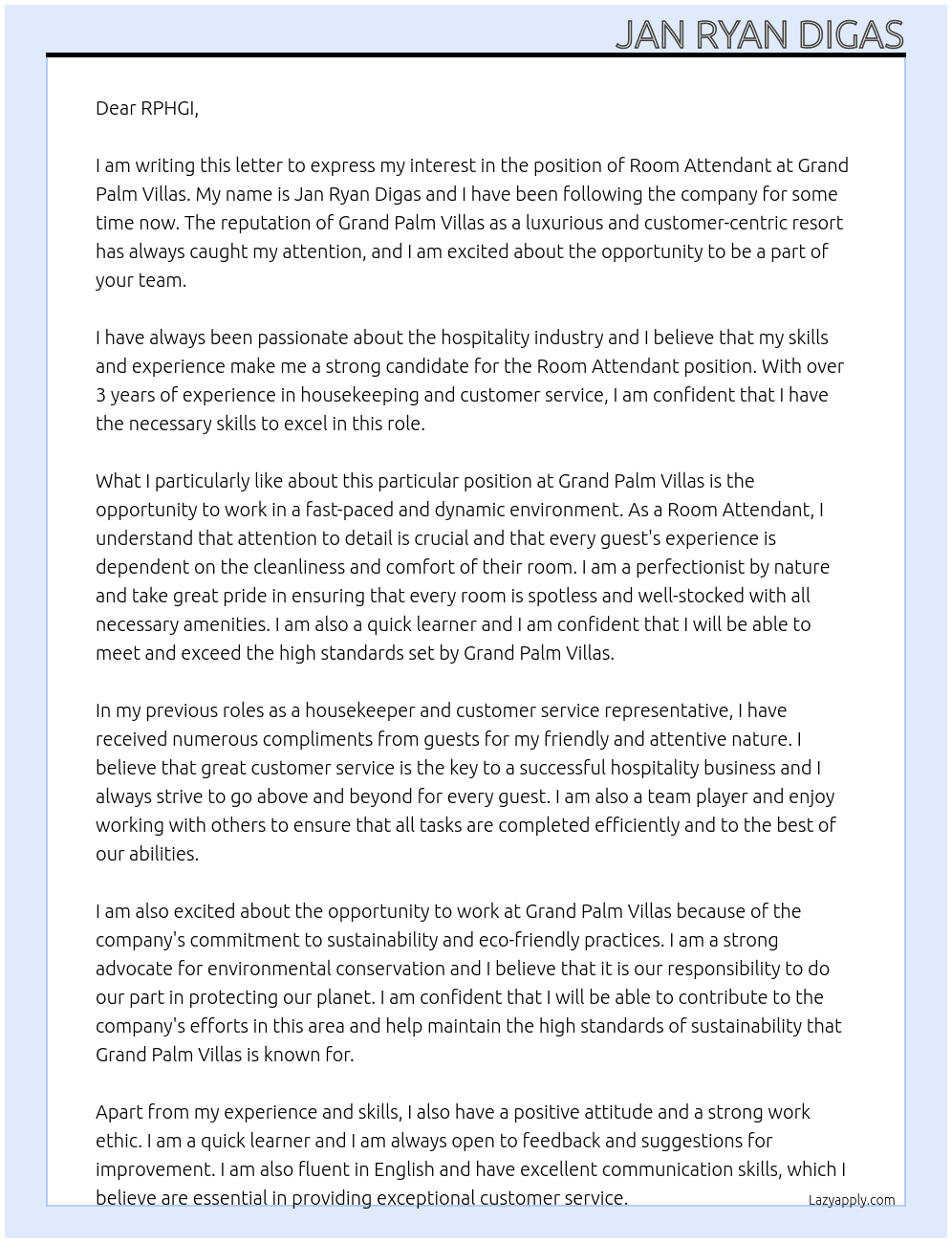 Room attendant At Grand Palm Villas Cover Letter