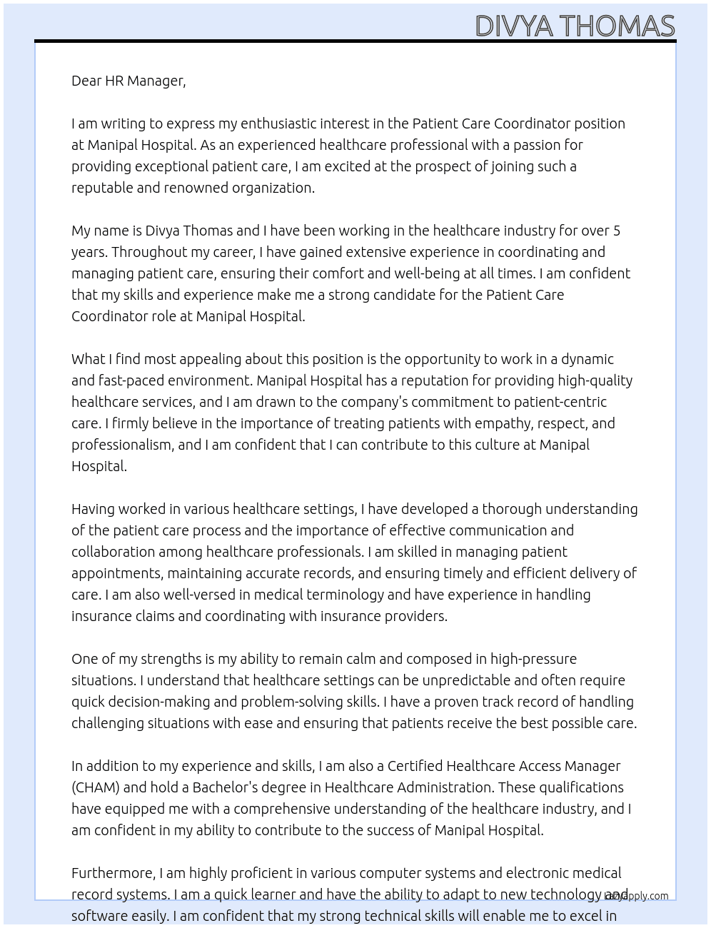 Patient care coordinator At Manipal Hospital Cover Letter