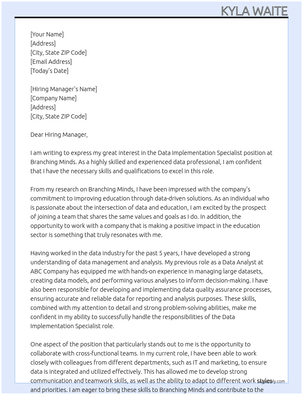 Data Implementation Specialist At Branching Minds Cover Letter