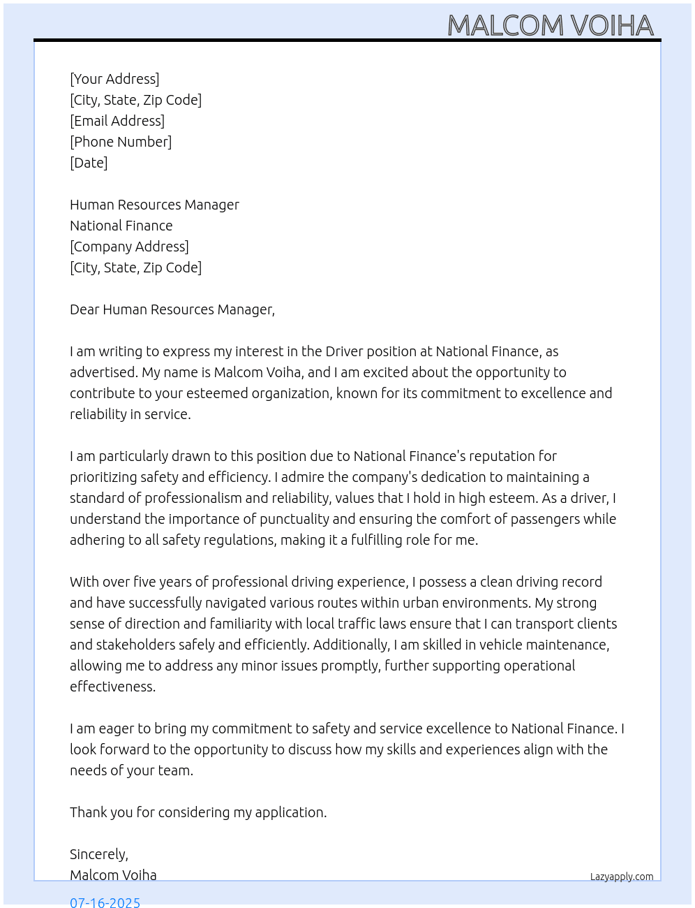 Driver  At National finance  Cover Letter