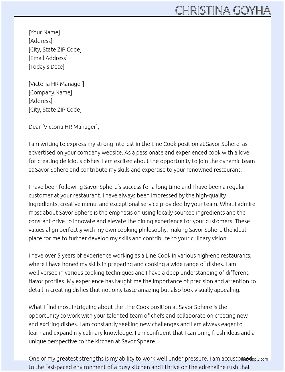 Line Cook At Savor Sphere Cover Letter
