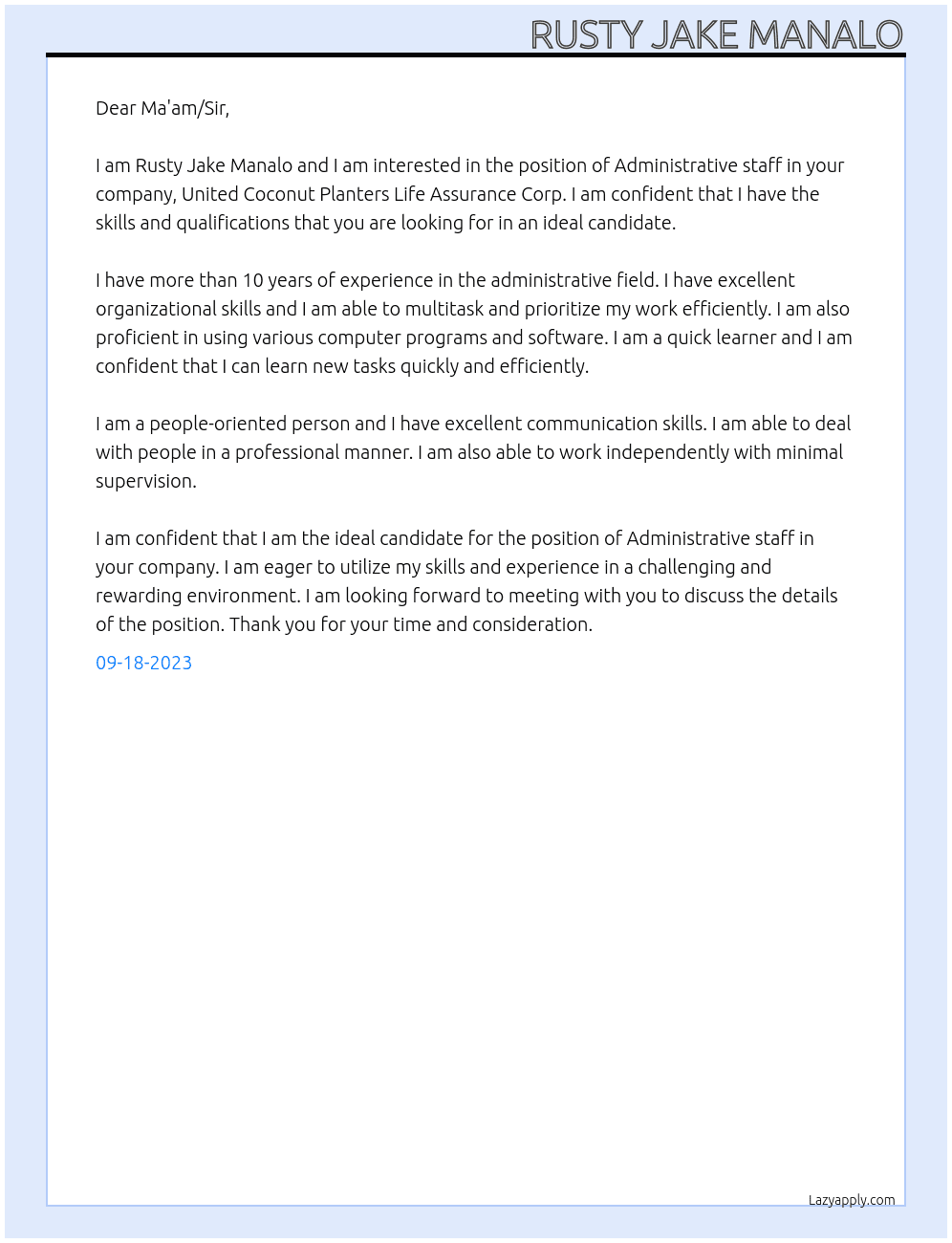 Administrative staff At United Coconut planters life assurance corp. Cover Letter