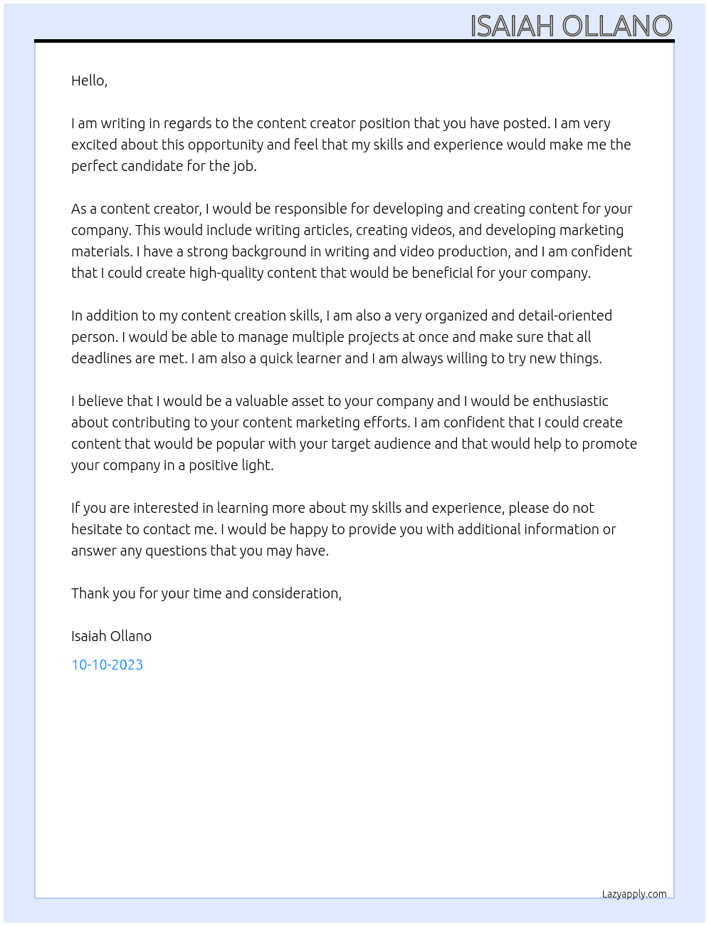 content creator At none Cover Letter