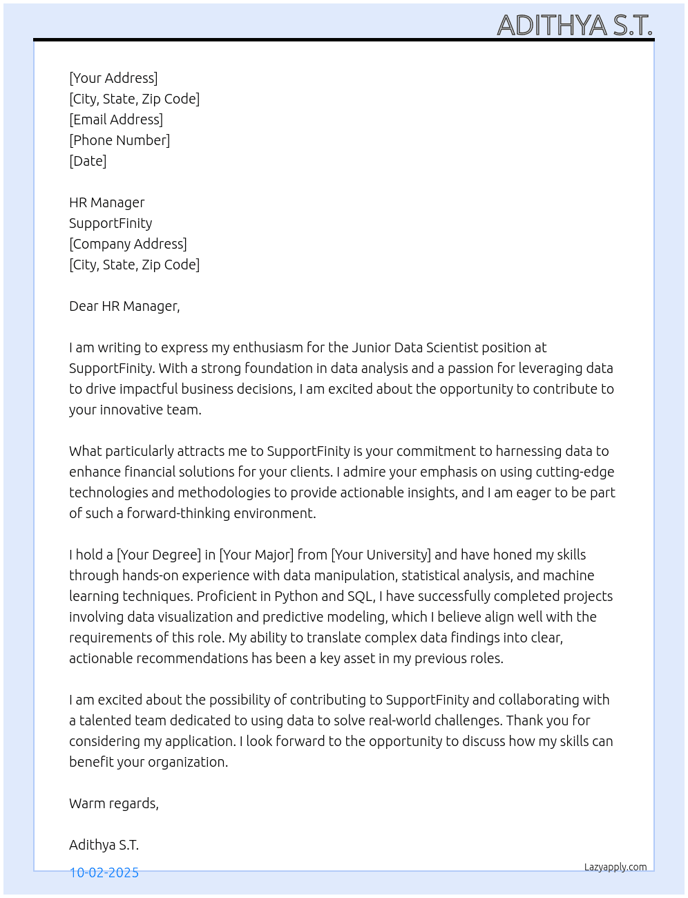 Junir Data Scientist At SupportFinity Cover Letter